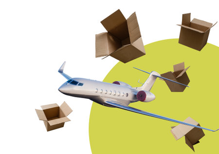 Top view of toy plane with boxes on background. Logistics and wholesale conceptの写真素材