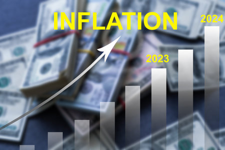 word inflation against background of graph chart of rising inflation rates. Inflation, tax, cash...