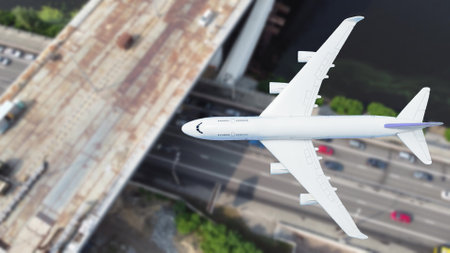 plane flies above the landscape. Side view of aircraft. Travel and transportation concept.の写真素材