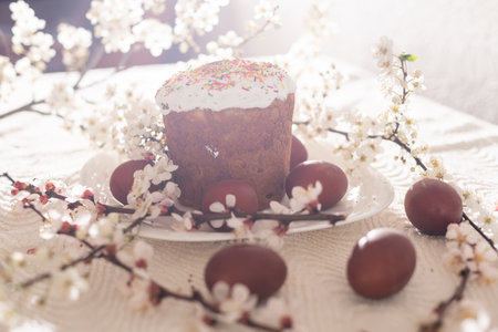 Easter background with colored eggs, colored easter eggs and blooming branches. Easter composition. Easter cakeの写真素材