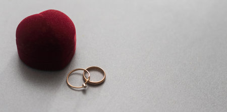 Two wedding rings in nice red box isolated on white background.の写真素材