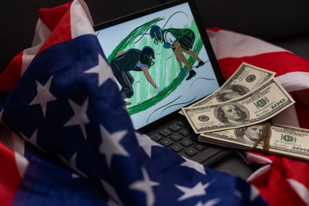 American flag and banknotes 100 USA dollar bill in the USA financial sector on a digital tablet.の写真素材