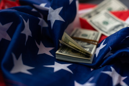 USA national flag and dollar bills. Business and finance conceptの写真素材