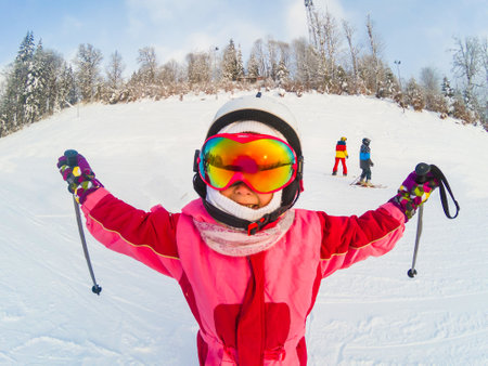Skiing, ski lift, winter - skiers on ski liftの写真素材