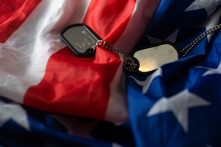 American flag and soldiers tags on background. Veterans Day Concept.