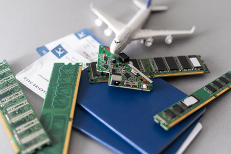 Electronic circuit board close up with airplan toy