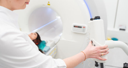 Female patient undergoing MRI - Magnetic resonance imaging in Hospital. Medical Equipment and Health Careの写真素材