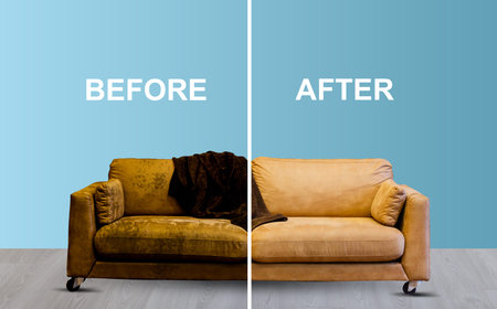 Before and after cleaning sofa. Blue soft sofa dirt. dirty half and clean half. dry cleaning company