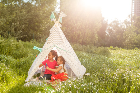 Two happy laughing little girls in camping tent in dandelion fieldの写真素材