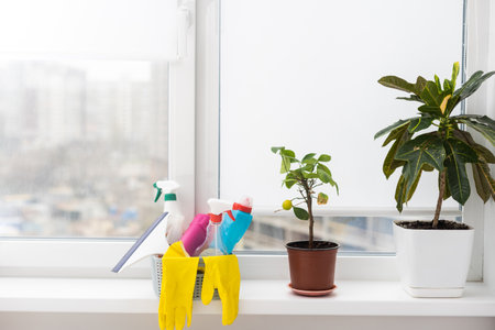 Plastic basket with cleaning supplies in homeの写真素材