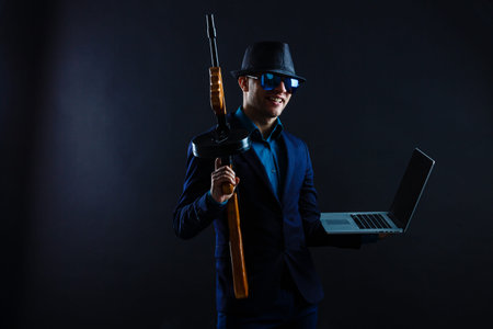 Rich business vintage, white gentleman, Caucasian person with gun and computer notebook laptop.