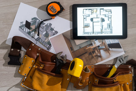 business, architecture, building, construction, drawings, tablet, tools