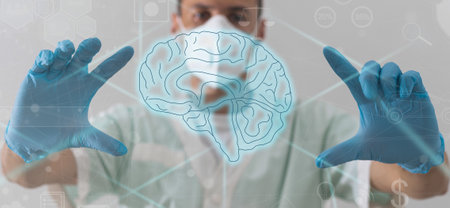 Doctor in futuristic medical concept pressing buttonの写真素材