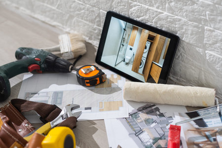 Tablet computer with architecture and construction tools and blueprints