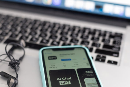 ChatGPT Open AI chatbot website on a smartphone. Kyiv, Ukraine - February 06, 2023のeditorial素材