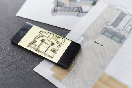 UX designer working on the mobile application experience sketching drawings at the office. Image...