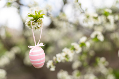 Easter decorative composition with painted eggs, flowering branches.の写真素材