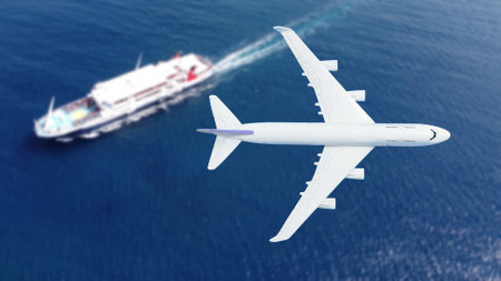 plane flies above the landscape. Side view of aircraft. Travel and transportation concept.の写真素材