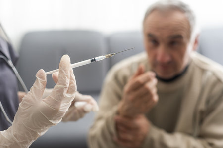Antivirus vaccination for older people. Covid-19, pneumonia or flu preventive measures. Male senior citizen waiting to receive his vaccine. Asian doctor in face mask administering shot to mature man.の写真素材