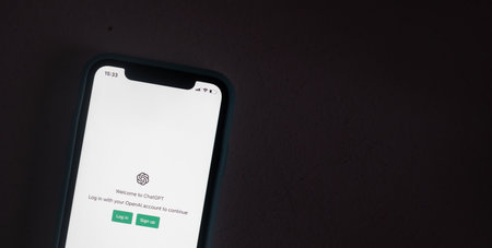 Screen with ChatGPT chat with AI or artificial intelligence. Man search for information using artificial intelligence chatbot developed by OpenAI. Kyiv, Ukraine - February 18, 2023のeditorial素材
