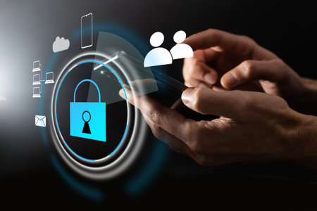 Cyber security and futuristic technology concept businessman using finger to touch fingerprint...