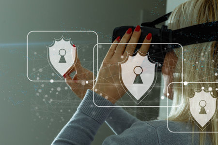 shield protect icon, virtual screen interface, data protection cyber security privacy business, data personal and network information technology, digital protection privacy conceptの写真素材