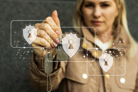 shield protect icon, virtual screen interface, data protection cyber security privacy business, data...
