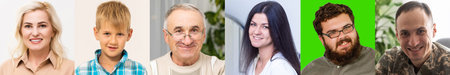 Collage of surprised positive young and elderly european, black guys and ladies gesturing and making...