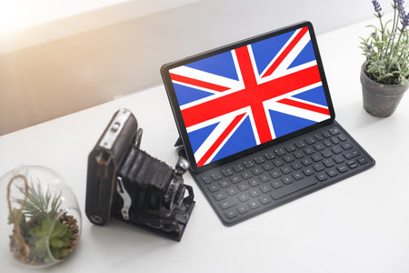 flag of great britain on a laptop displayの写真素材