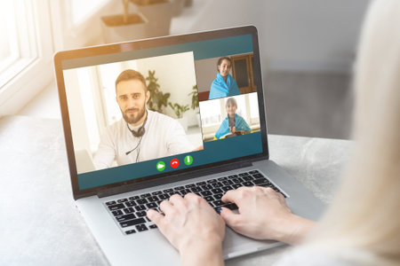 video conference. Multiethnic business team for a online meeting in video call. Group of people...