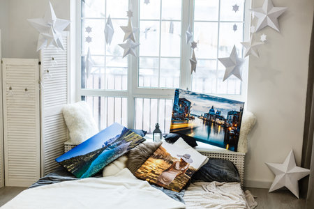 Canvas print in the room. Photo with gallery wrap method of canvas stretching on stretcher bar. Interior decorの写真素材