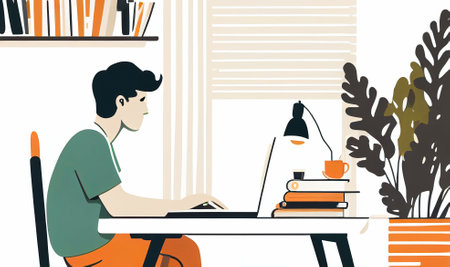 businessman marketer working at the computer in the office, flat illustration of programmer, business analyst, designer, managerの写真素材