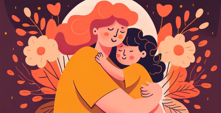 Mother and child. Mom hugging her daughter with a lot of love and tenderness. Mothers day, holiday concept. Cartoon flat isolated design.の写真素材
