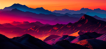 Sunrise landscape with misty forest, distant mountains and sunrise sky.の写真素材