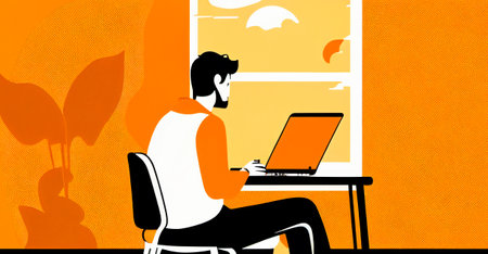 illustration of a man working from home. Businessman sitting at desk and using laptop. Concept of time or project management.の写真素材