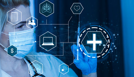 Medical technology concept. the doctor presses virtualの写真素材