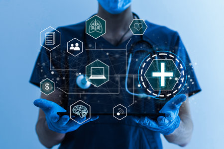 Medical technology concept. the doctor presses virtualの写真素材