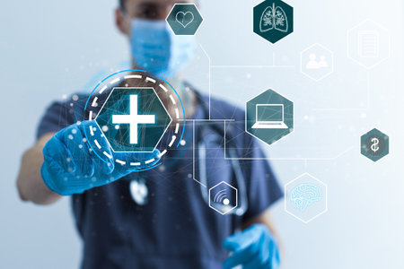Medical technology concept. the doctor presses virtualの写真素材