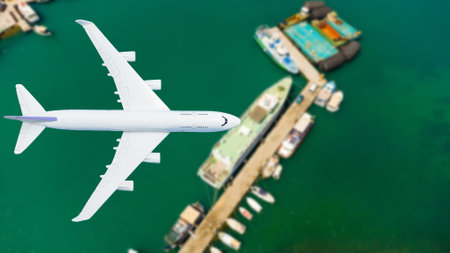 plane flies above the landscape. Side view of aircraft. Travel and transportation concept.の写真素材