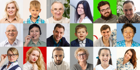 Hundreds of multiracial people crowd portraits headshots collection, collage mosaic. Many lot of multicultural different male and female smiling faces looking at camera. Diversity and society conceptの写真素材