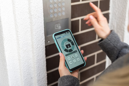 Woman touching smartphone to intercom at office.