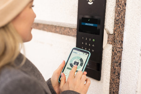 Smiling woman setting home security system with help of mobile application.