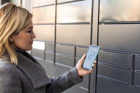Beautiful woman picking up a package from a smart electronic steel parcel locker box, automatic...