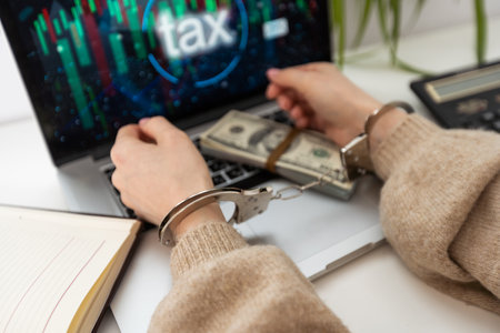 a woman with handcuffs and a laptop pays taxesの写真素材