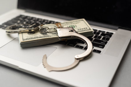 Cyber crime legal law police handcuffs on a hundred dollar bills with computer keyboard technology of criminal taking fingerprint on paperの写真素材