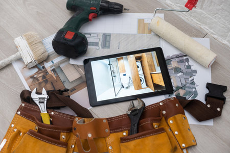 business, architecture, building, construction, drawings, tablet, toolsの写真素材