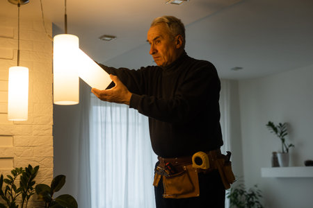 Elderly man changing light bulbs : Retired man doing household chores, replacing the light bulbs and...