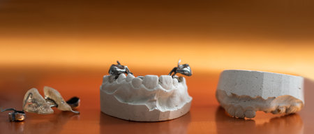 Dental models top view. Jaw models with different problems. Treatment of dental diseases concept. Plaster models of human teeth. Visual aid for training of dentists or orthodontists. Dental inventoryの写真素材