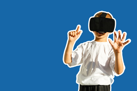 child isolated over blue color backgroundの写真素材