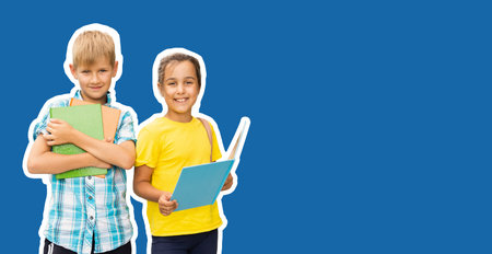 school children copy space isolated over bright vivid shine vibrant blue color backgroundの写真素材